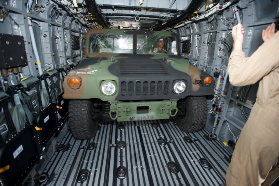 U.S. Marine Corps aircrew load the King Stallion’s High Mobility Multipurpose Wheeled Vehicle cargo with ease