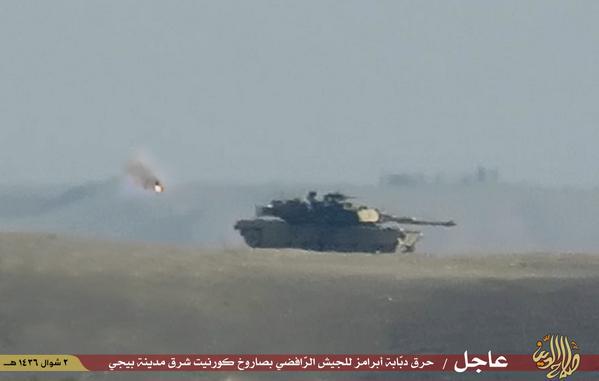 ISIS hits an Iraqi Army Abrams tank with a Kornet ATGM near Baiji Iraq 1