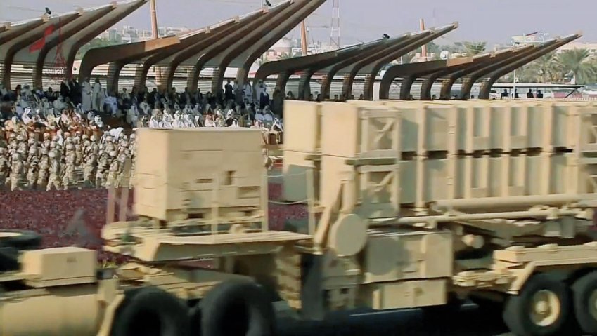 A launcher from a Patriot air defence system with four canisters for PAC-2-sized missiles was seen during the parade. (Qatar Television)