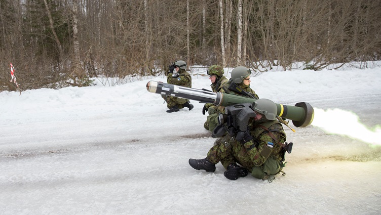 Soldiers fire FGM-148 Javelin, an American man-portable fire-and-forget anti-tank missile system during an anti-tank training in Sirgala, northeastern Estonia on March 15, 2016. The training was held in a wild field in Sirgala as a preparation for the Estonia-NATO exercises "Spring Storm" which will be held on May 2016 in southern Estonia. (Xinhua/Sergei Stepanov)