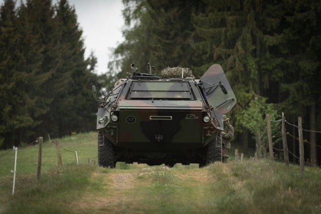 A German Fox transport vehicle from JägerBattalion 291 prepares to move after completing a daytime scenario during Strong Punch near Fritzlar, Germany, May 19, 2016. Strong Punch is an exercise laboratory in which German and American aviators can...