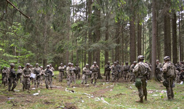 Troopers from 5th Squadron, 7th Cavalry Regiment conduct a combined arms rehearsal May 17 as they prepare to start the force-on-force portion of Combined Resolve VI at Hohenfels, Germany. Combined Resolve VI is a squadron-level decisive action rotation...