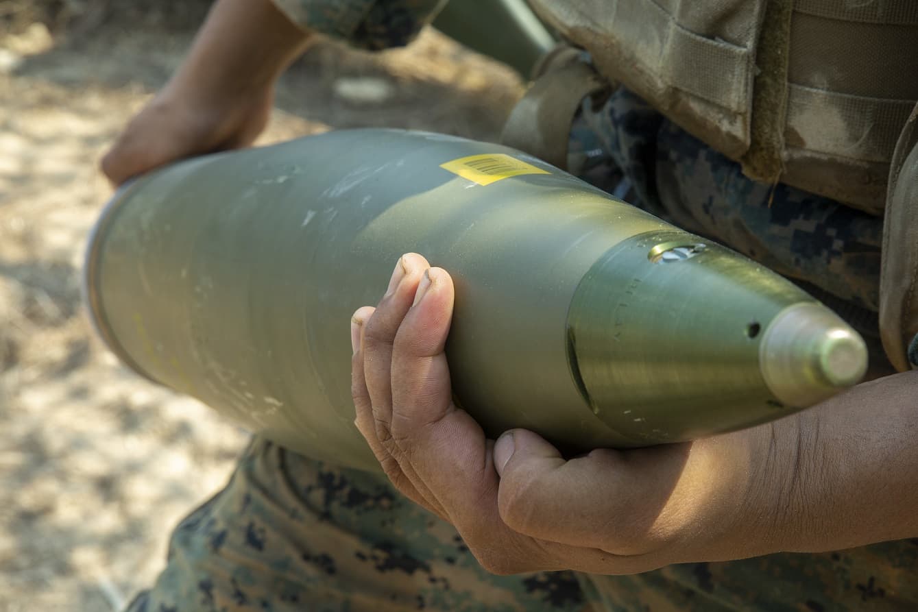 An M795 high explosive projectile during a live fire event of Exercise Cobra Gold 19, Camp Ban Chan Khrem, Khao Khitchakut District, Thailand, Feb. 14, 2019. 